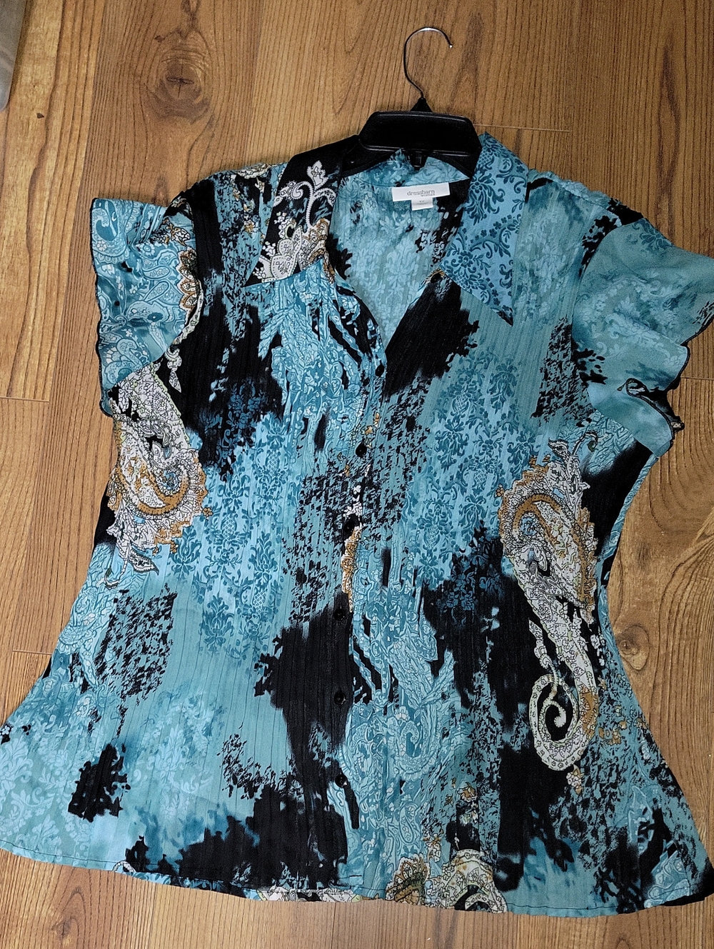 Dress Barn Teal, Black and Gold Paisley Short-Sleeve Blouse